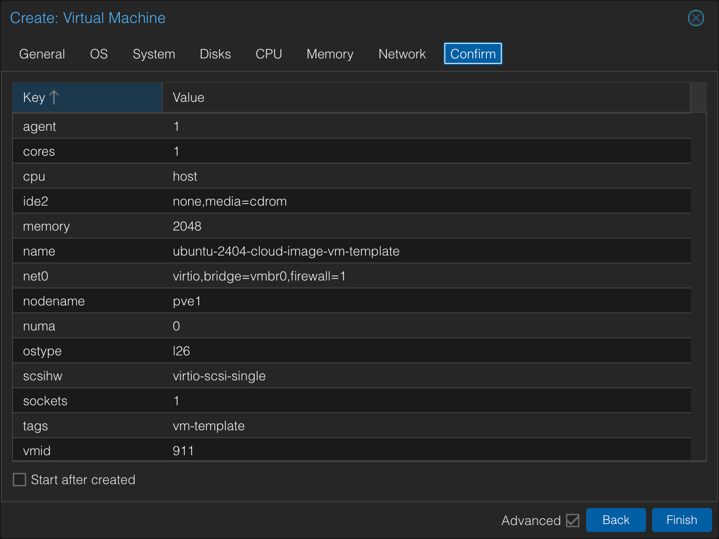 Proxmox confirmation screen
