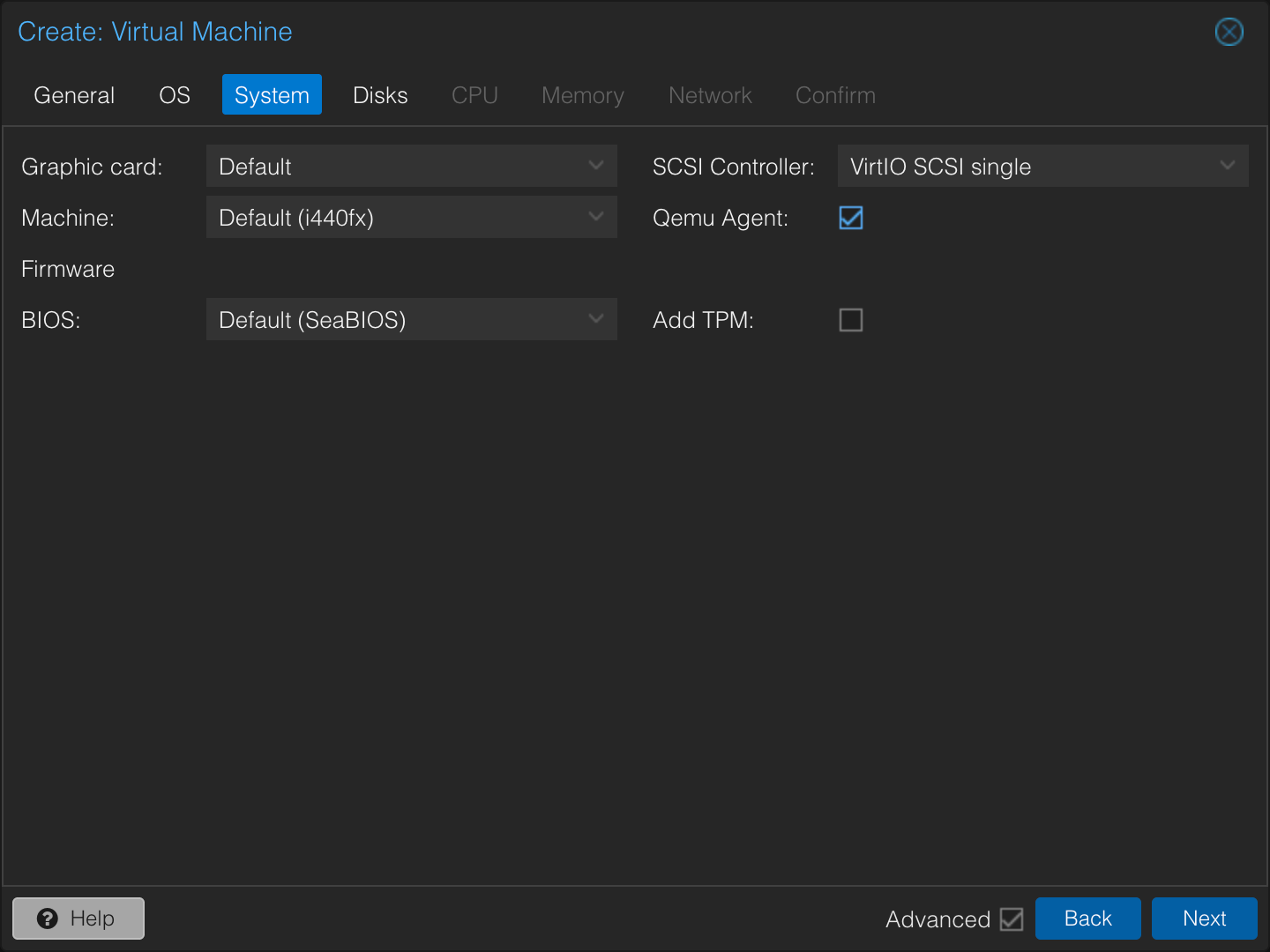 QEMU agent checkbox